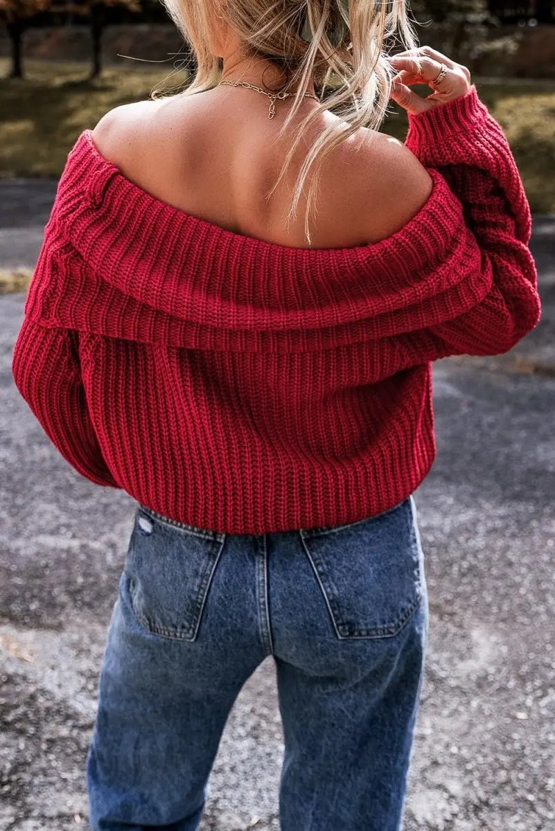 Racing Red Off-the-shoulder Knit Sweater - Love Salve